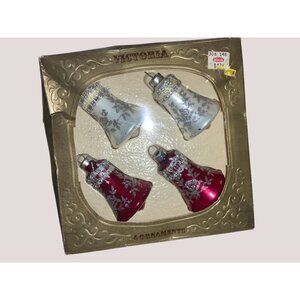 Rauch Victoria 4 Glass Bell Christmas Ornaments  Red White  3Inch Vintage 1983